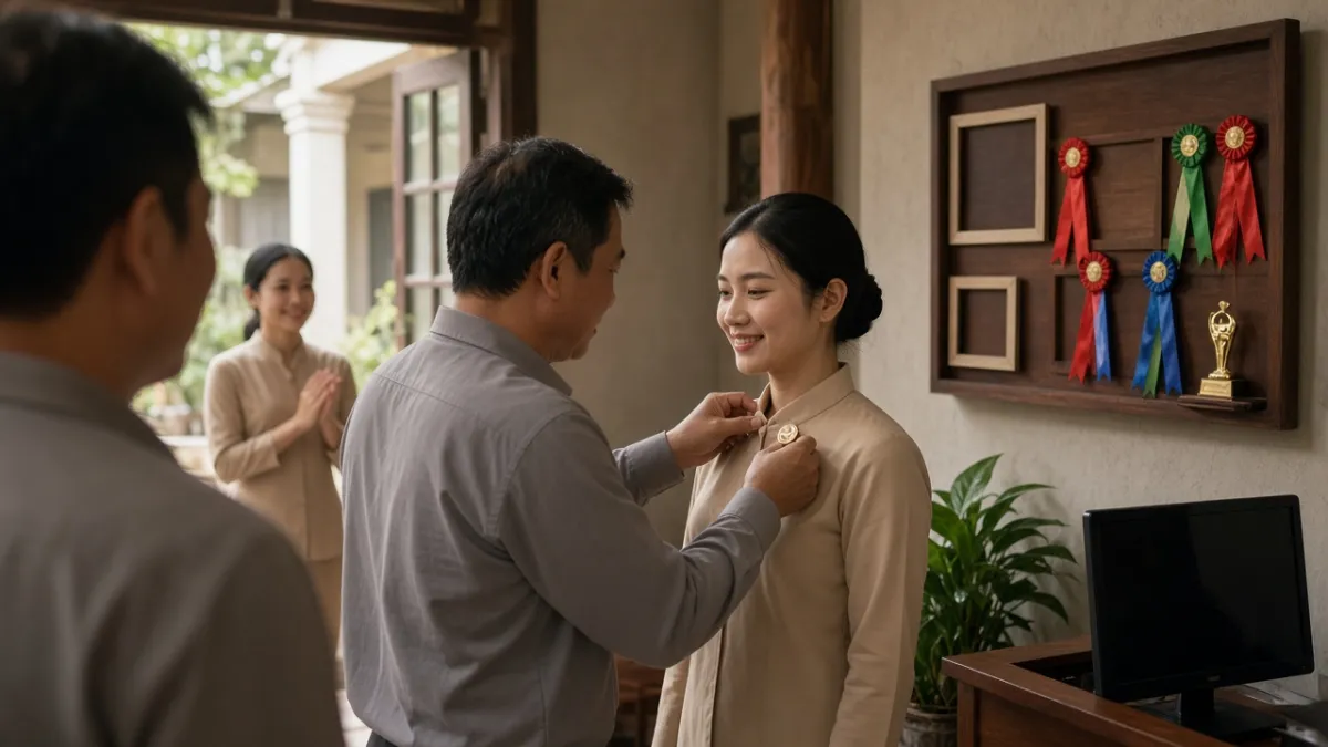 Quản lý khách sạn gắn huy hiệu thành tích cho nhân viên lễ tân trước bảng vinh danh trong hành lang nhân viên.