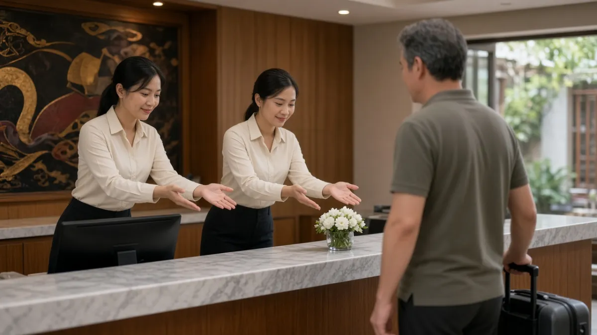 Hai lễ tân sau quầy tiếp khách cùng cử chỉ chào hỏi khách mang vali, thể hiện dịch vụ đồng nhất.