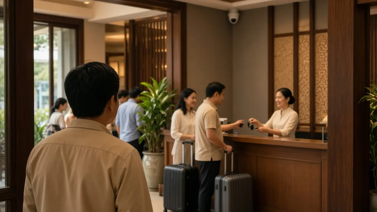 Nhân viên giám sát quan sát lễ tân chào đón khách trong giờ cao điểm, camera an ninh trên tường.