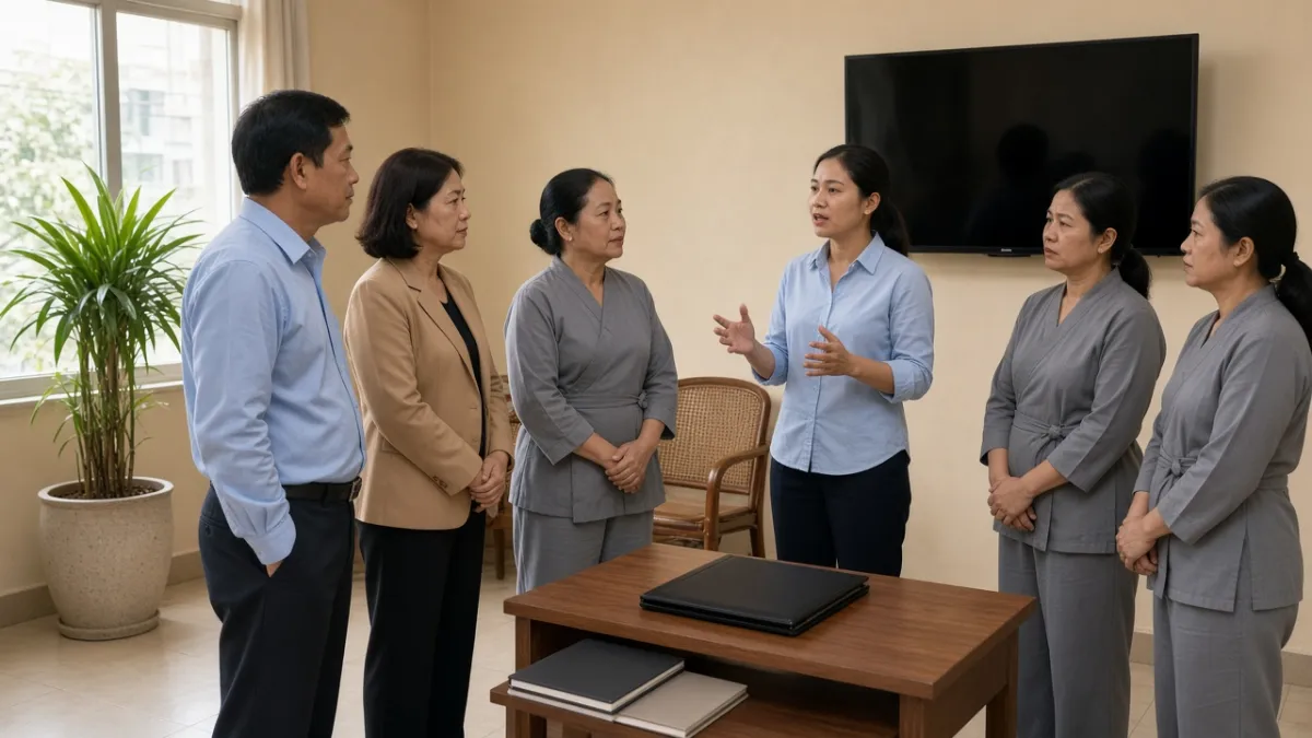 Quản lý và nhân viên khách sạn trao đổi tiêu chuẩn phục vụ trong phòng họp nội bộ, thể hiện đào tạo liên tục.