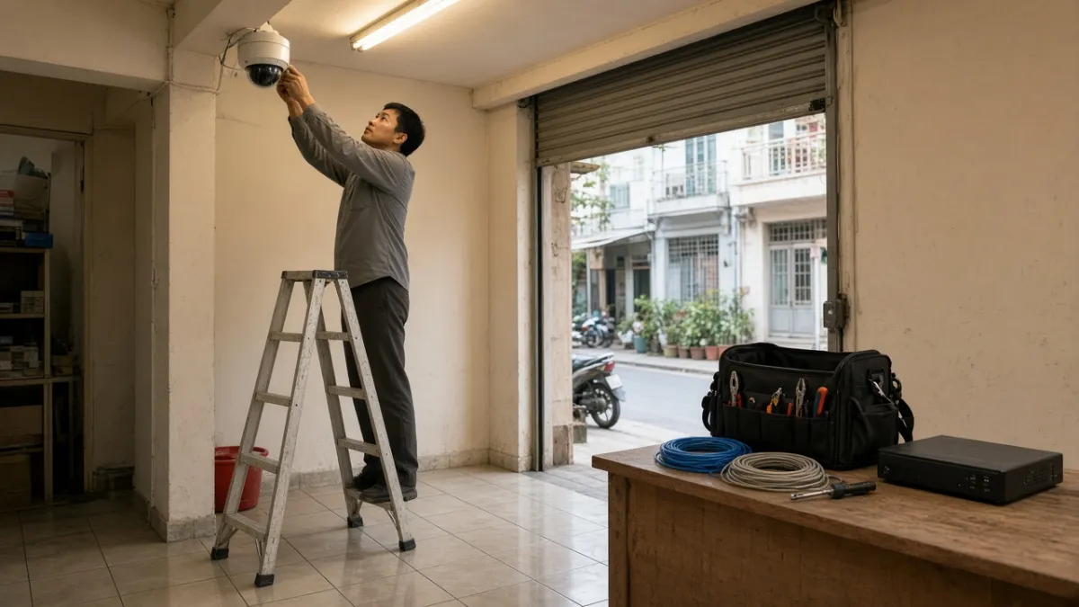 Kỹ thuật viên leo thang bảo trì camera dome trên trần cửa hàng, dụng cụ và đầu ghi đặt sẵn trên bàn gỗ.