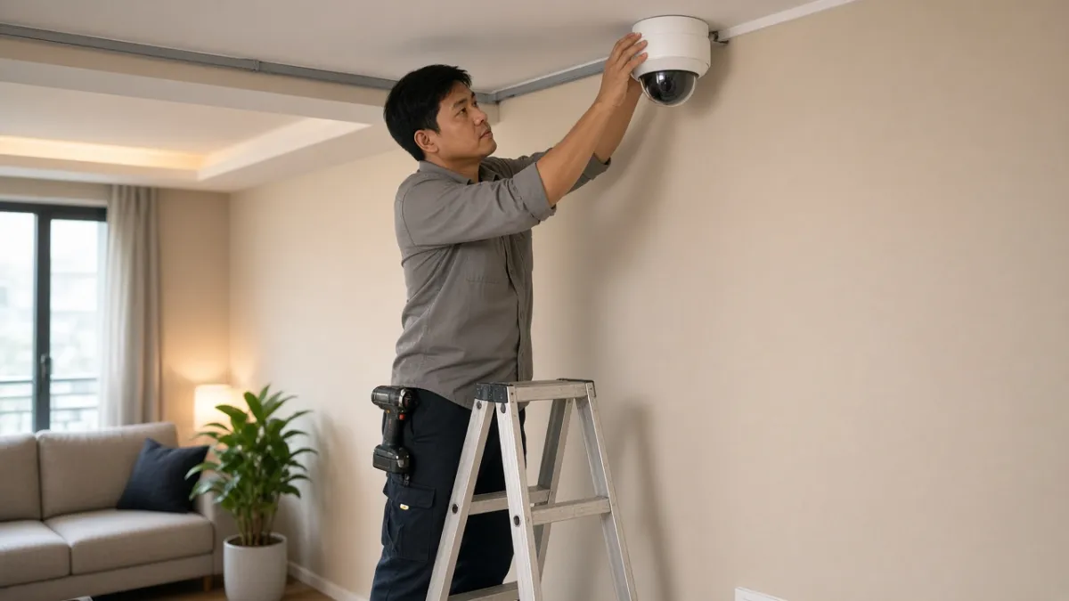 Kỹ thuật viên lắp camera an ninh trên trần phòng khách chung cư, thi công gọn gàng đường dây.