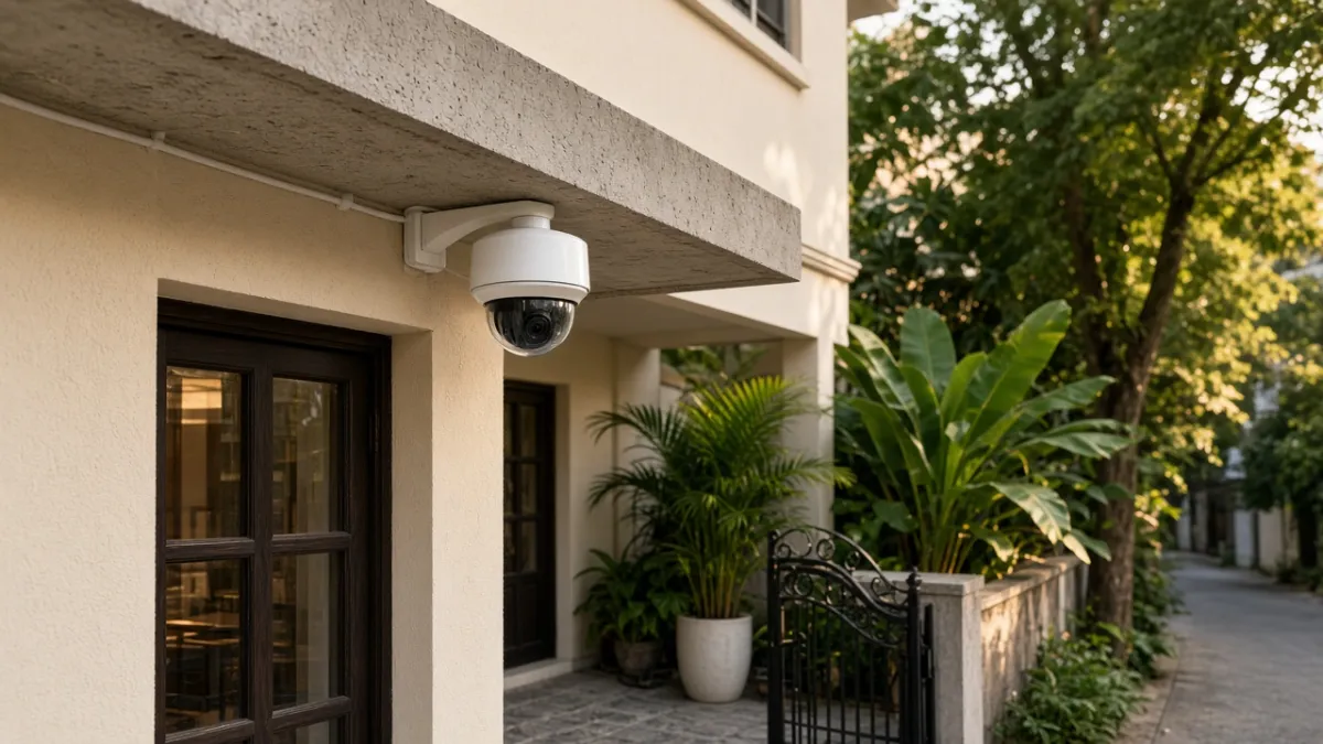 Camera an ninh ngoài trời gắn dưới mái hiên, hướng quan sát cổng và lối vào nhà biệt thự sân vườn.