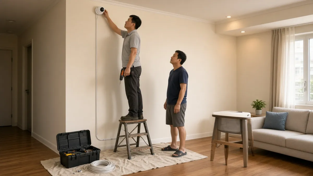 Kỹ thuật viên lắp camera wifi góc trần trong căn hộ, thi công gọn gàng với dụng cụ chuyên nghiệp.