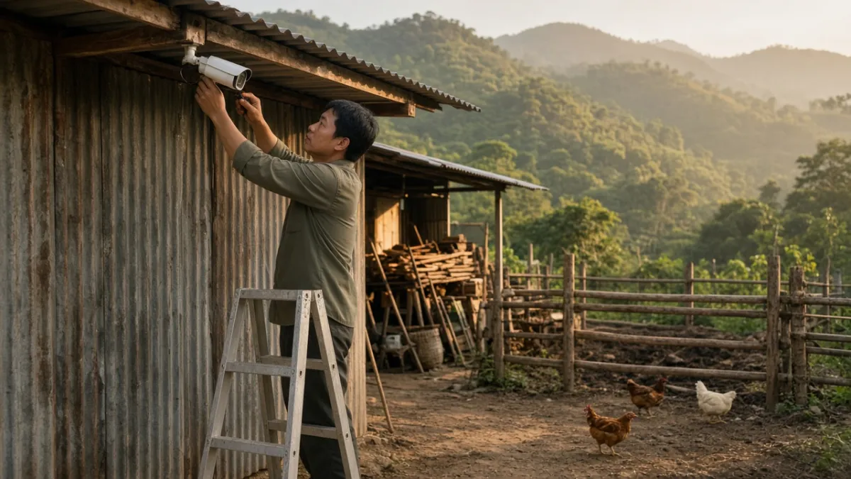 Kỹ thuật viên lắp camera ngoài trời tại khu trang trại ven đồi, giám sát chuồng trại và kho nông cụ.