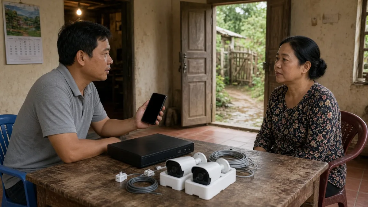 Kỹ thuật viên tư vấn gói camera và đầu ghi trên bàn, hướng dẫn chủ homestay xem giám sát qua điện thoại.