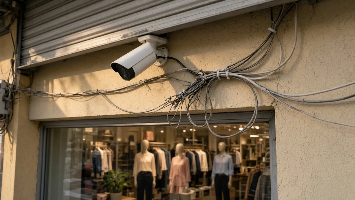 Camera ngoài trời mặt tiền cửa hàng thời trang với dây cáp rối, minh họa thi công lắp camera giá rẻ kém chuyên nghiệp.