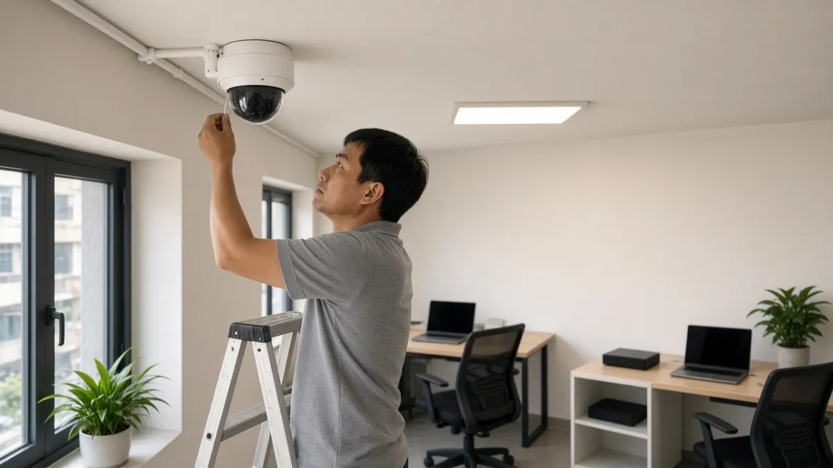 Kỹ thuật viên lắp camera PTZ trần trong văn phòng mở, ống dây gọn, minh họa gói lắp đặt camera trọn gói.