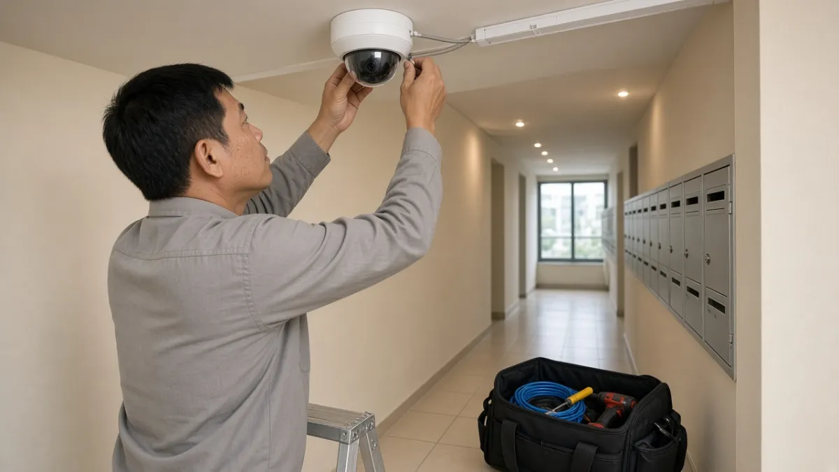 Kỹ thuật viên lắp camera dome trên trần hành lang chung cư, kèm thang và túi đồ nghề lắp đặt tận nơi.