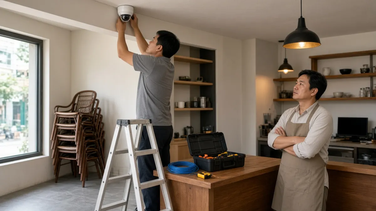 Kỹ thuật viên trên thang bảo trì camera gắm trần tại quán sắp khai trương, chủ quán theo dõi bên cạnh.
