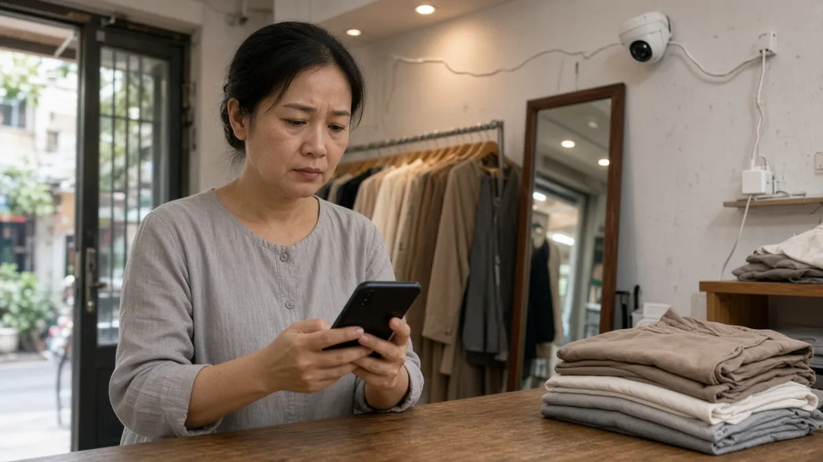 Chủ shop quần áo lo lắng khi xem điện thoại, camera trần lắp lộ dây gợi nỗi lo bảo mật hình ảnh.
