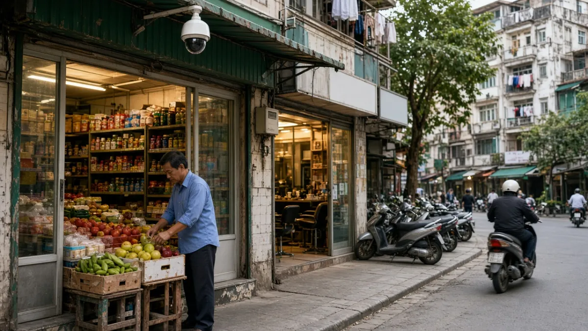 Camera an ninh gắn trên mái hiên cửa hàng tạp hóa nhỏ trên phố thương mại đông đúc, bảo vệ tài sản kinh doanh.