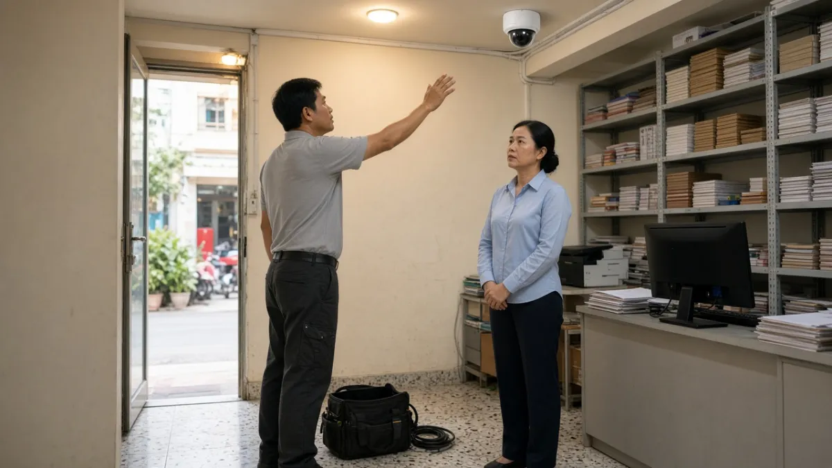Kỹ thuật viên hướng dẫn chủ cửa hàng kiểm tra camera an ninh vừa lắp, đường dây gọn gàng trên trần.
