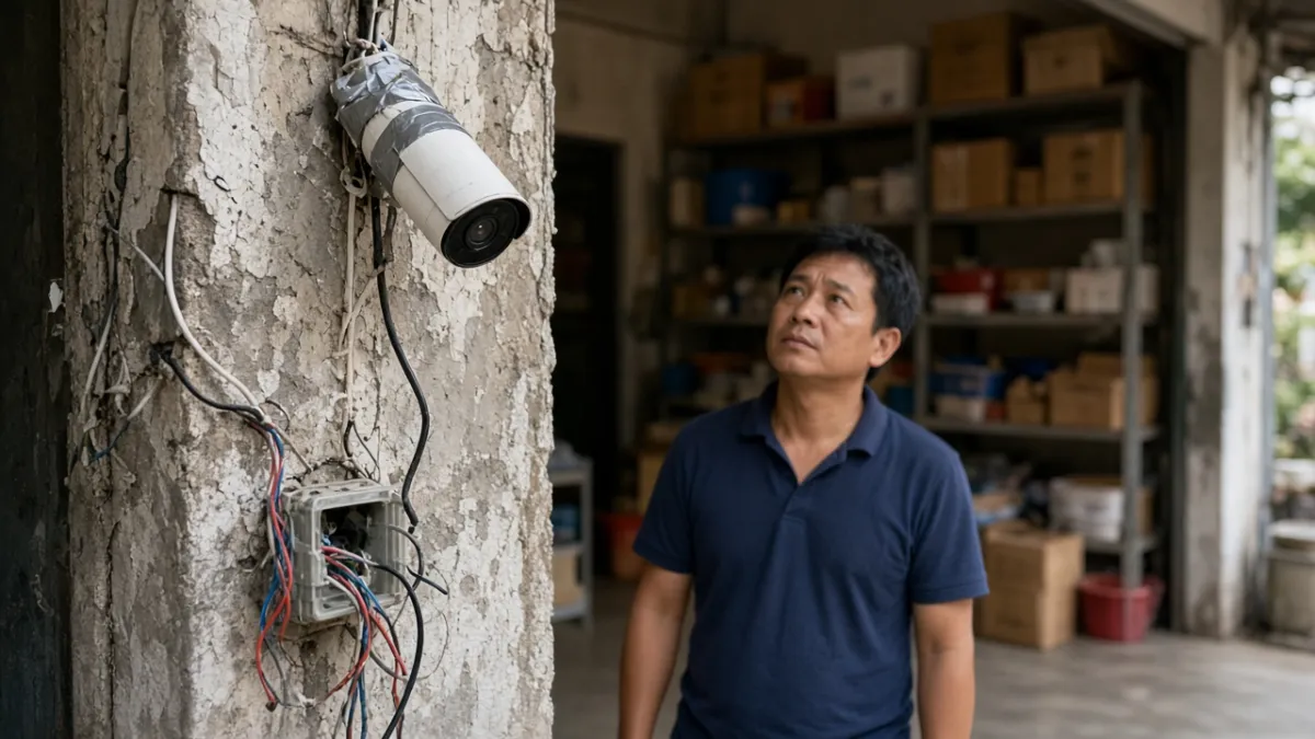 Chủ cửa hàng lo lắng nhìn camera lắp xiên, dây điện lộ thô và hộp nối hở do thi công kém chất lượng.