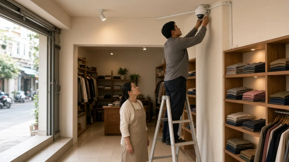 Kỹ thuật viên gắn camera an ninh trên trần cửa hàng, đi dây gọn gàng, chủ shop theo dõi quy trình lắp đặt.
