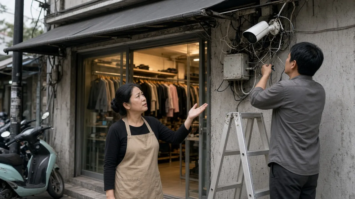 Chủ shop quần áo lo lắng khi kỹ thuật viên trên thang kiểm tra camera ngoài trời lắp lệch và dây cáp rối.