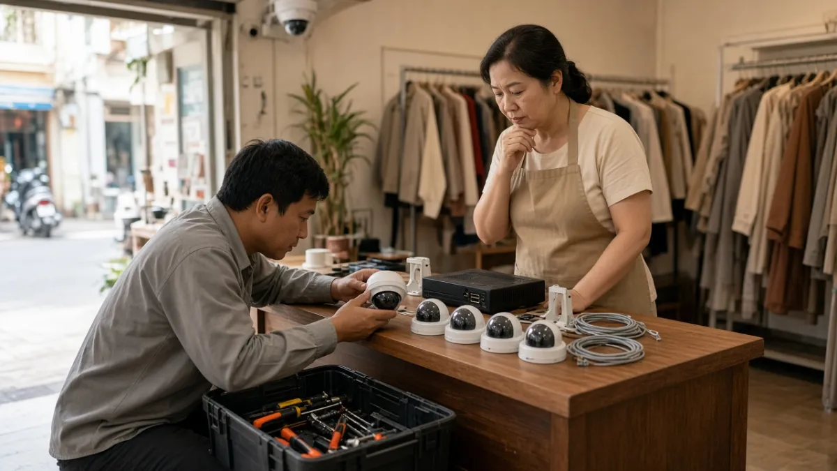 Kỹ thuật viên trình bày bộ camera, đầu ghi và vật tư lắp đặt cho chủ cửa hàng thời trang.