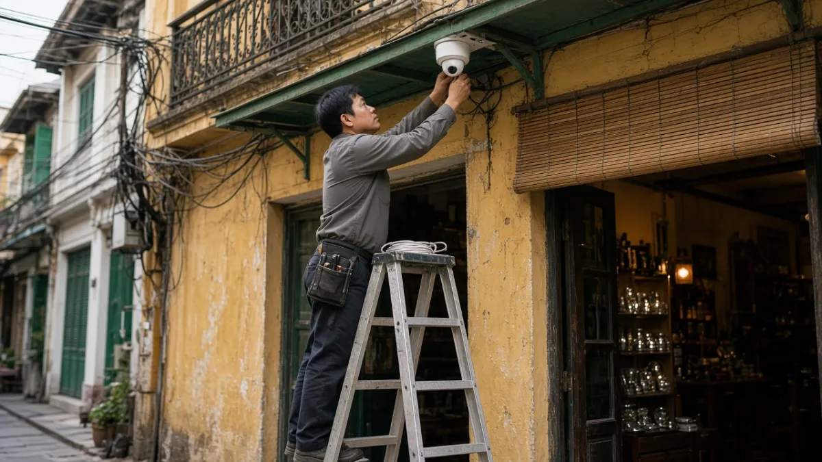 Kỹ thuật viên gắn camera dạng dome dưới mái hiên cửa hàng phố cổ, dùng thang nhôm trên hè phố hẹp.
