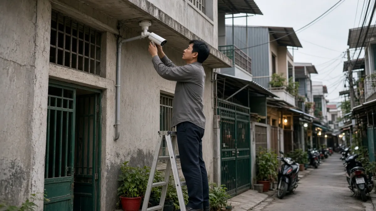 Kỹ thuật viên lắp camera ngoài trời trên tường nhà trọ, hẻm có xe máy đậu—phù hợp giám sát an ninh khu trọ.