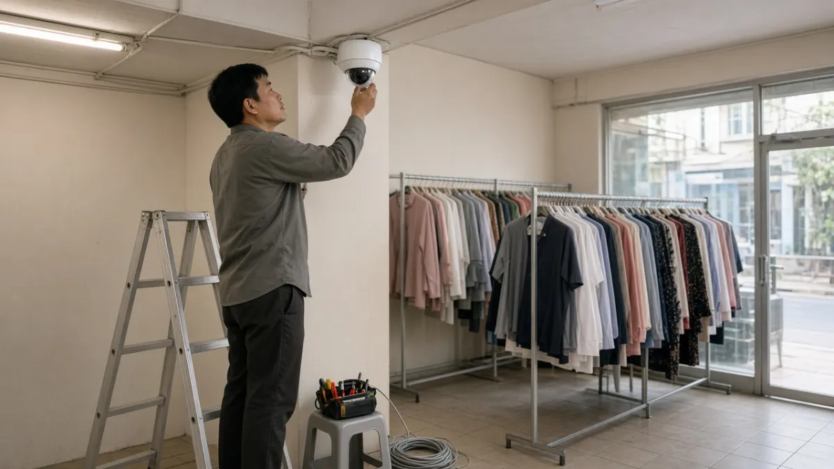 Kỹ thuật viên lắp camera an ninh trần trong cửa hàng quần áo nhỏ, minh họa gói thi công giám sát shop.