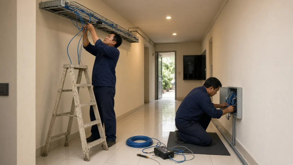 Kỹ thuật viên thi công lắp máng cáp và dây điện nhẹ trong hành lang kỹ thuật khách sạn.