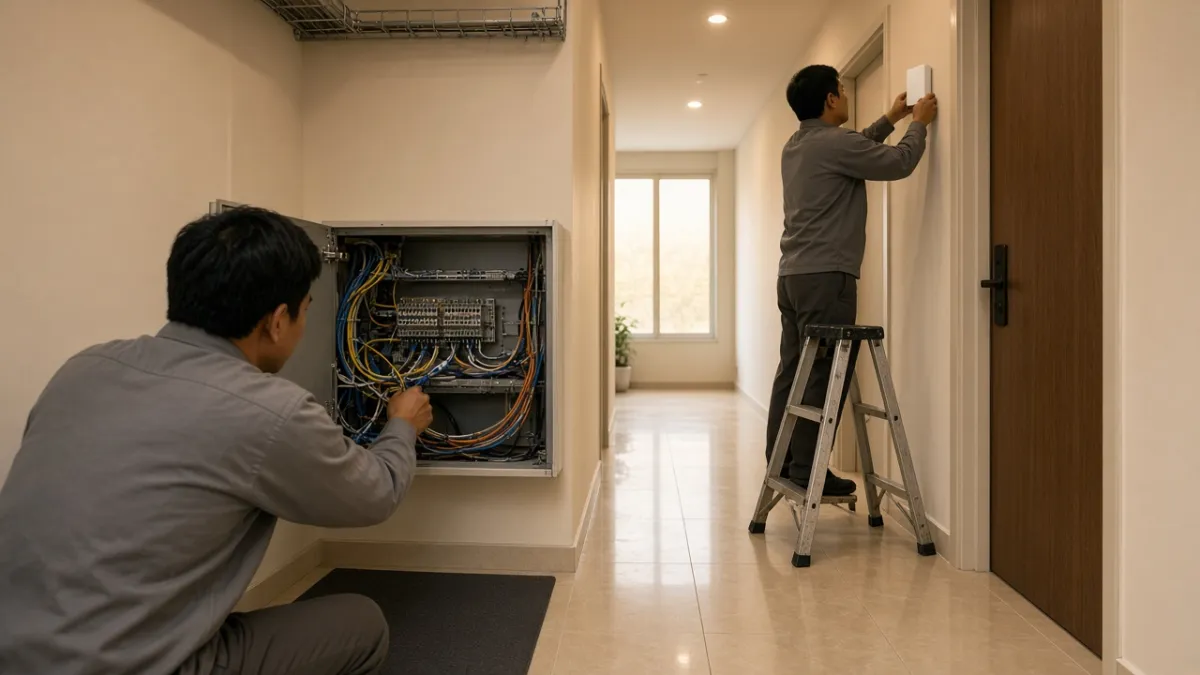 Kỹ thuật viên thi công gọn gàng hệ thống cáp điện nhẹ và thiết bị kiểm soát ra vào trong hành lang khách sạn.