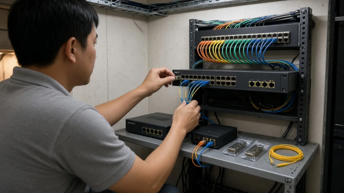 Kỹ thuật viên lắp module quang SFP trên switch Layer 3, cạnh ODF và media converter trong phòng mạng khách sạn.