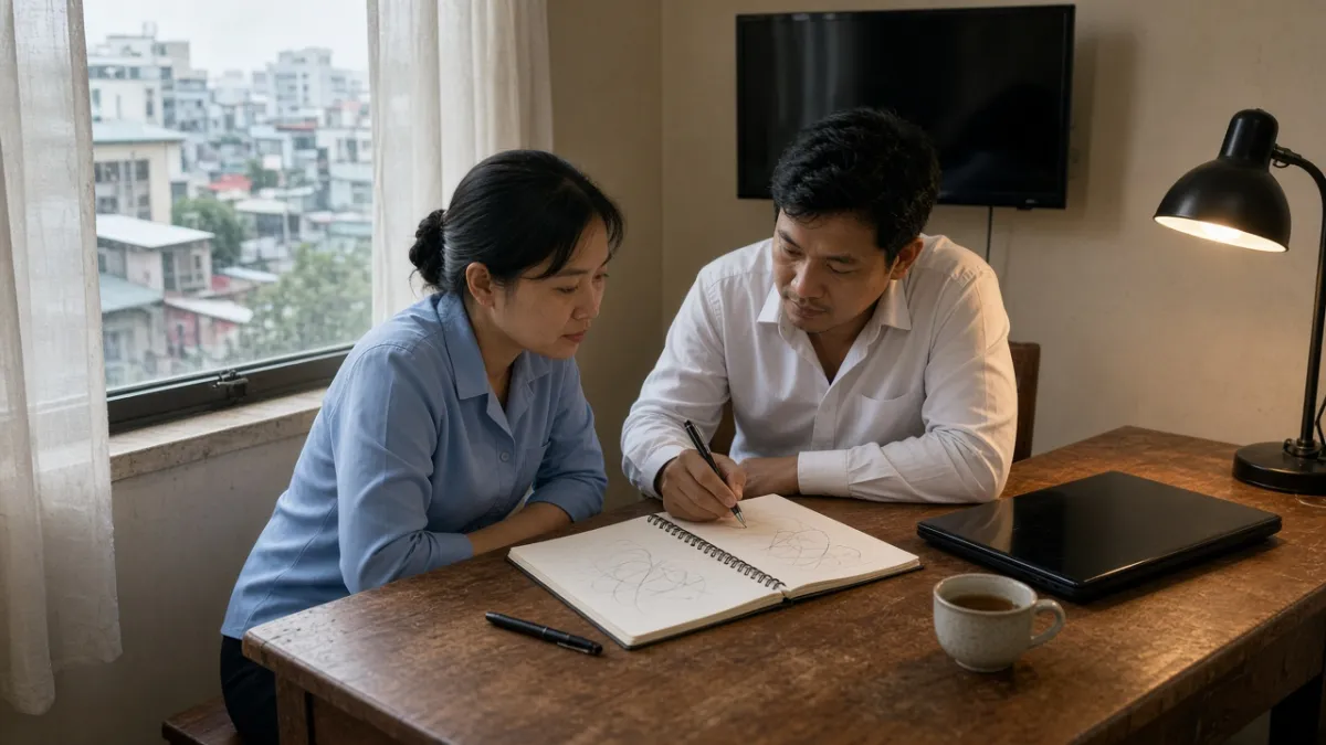 Hai nhân viên khách sạn trao đổi kế hoạch marketing tại bàn làm việc, cửa sổ nhìn ra trời mưa mùa thấp điểm.