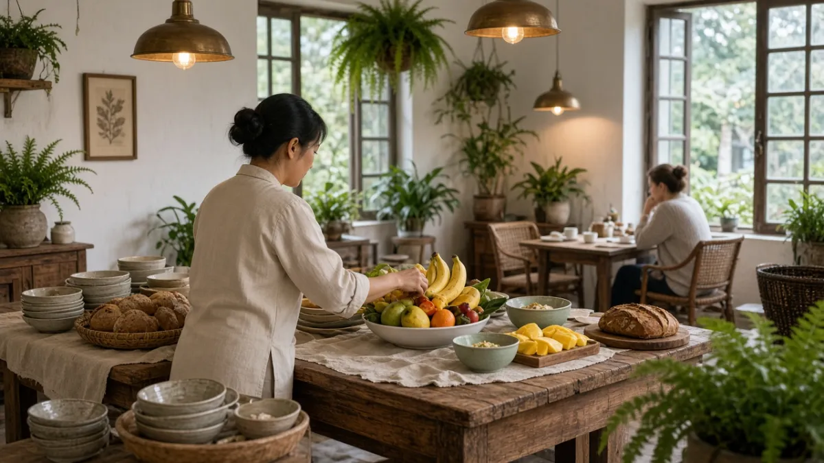 Nhân viên bày buffet sáng trong phòng ăn gỗ, cây xanh, thể hiện định vị ấm cúng và cao cấp.