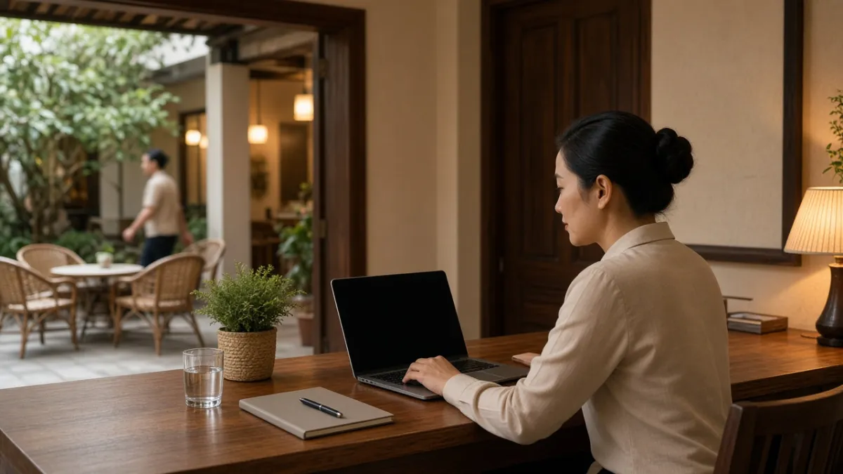 Nhân viên khách sạn tại quầy lễ tân, tập trung làm việc trên máy tính để quản trị phản hồi và đánh giá của khách.