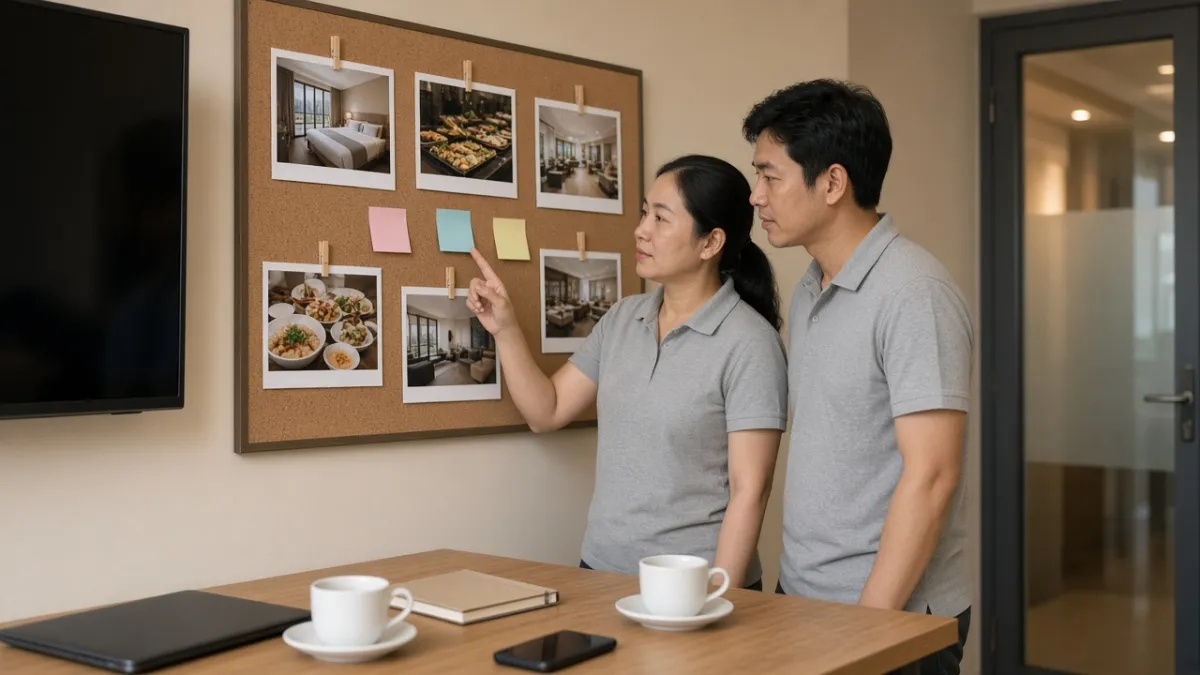 Hai nhân viên khách sạn trao đổi trước bảng ghim ảnh trải nghiệm, thể hiện lập kế hoạch marketing dài hạn.