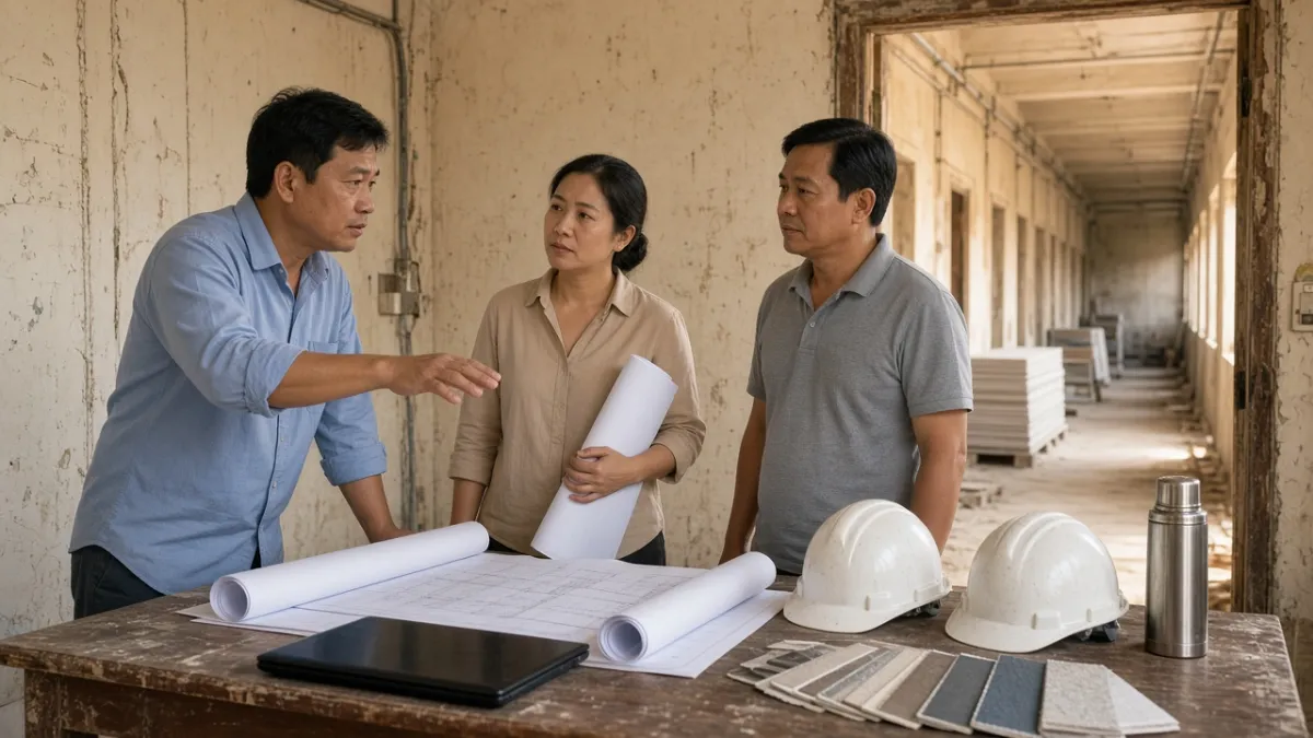 Đội ngũ họp bàn kế hoạch thi công trong phòng điều phối, bản vẽ và hành lang khách sạn đang hoàn thiện phía sau.
