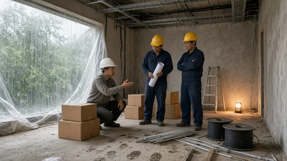 Kỹ sư và công nhân thảo luận phương án xử lý rủi ro khi thi công khách sạn trong điều kiện thời tiết xấu.