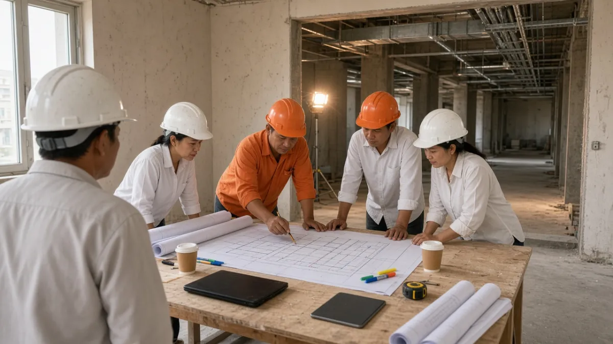 Kỹ sư các bộ môn họp tại phòng điều phối công trường, rà soát bản vẽ trên bàn trước hành lang thi công MEP.