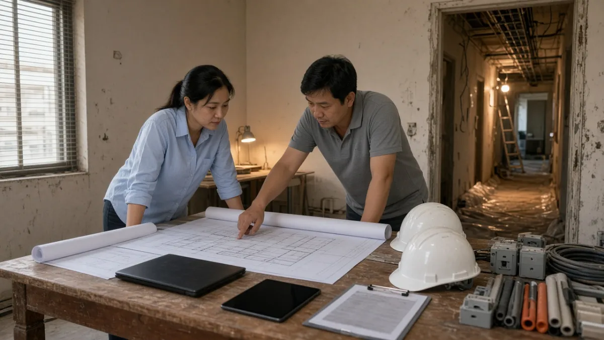 Điều phối viên và kỹ sư MEP trao đổi tại phòng tạm, bản vẽ và thiết bị dự phòng trên bàn.