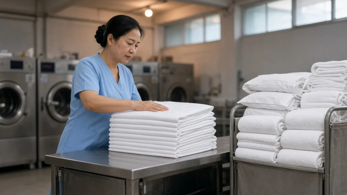 Giám sát giặt là kiểm tra ga trắng phẳng và khăn sạch trên xe đẩy trong khu giặt là khách sạn.