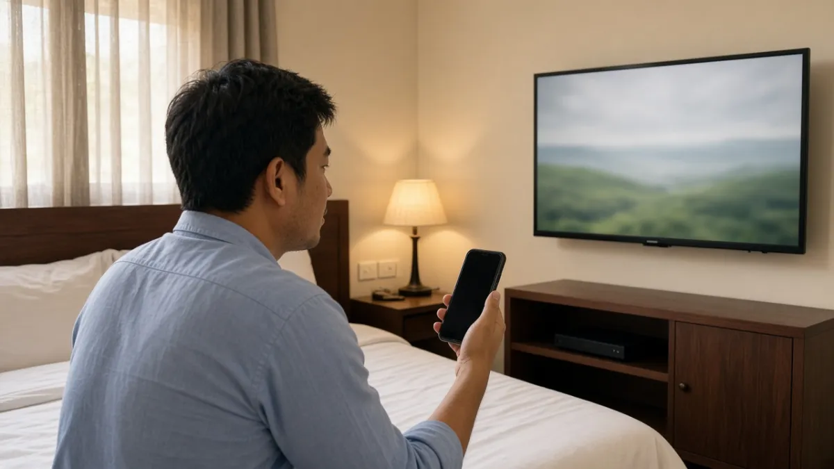 Khách lưu trú trong phòng khách sạn giơ điện thoại về TV treo tường, thể hiện trải nghiệm phát nội dung tiện lợi.
