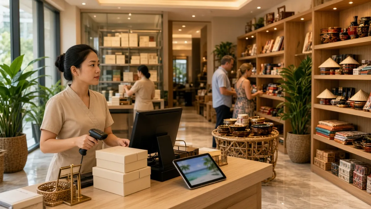 Nhân viên cửa hàng lưu niệm khách sạn quét mã kiểm tồn kho, khách quốc tế mua sắm tại quầy đa kênh.