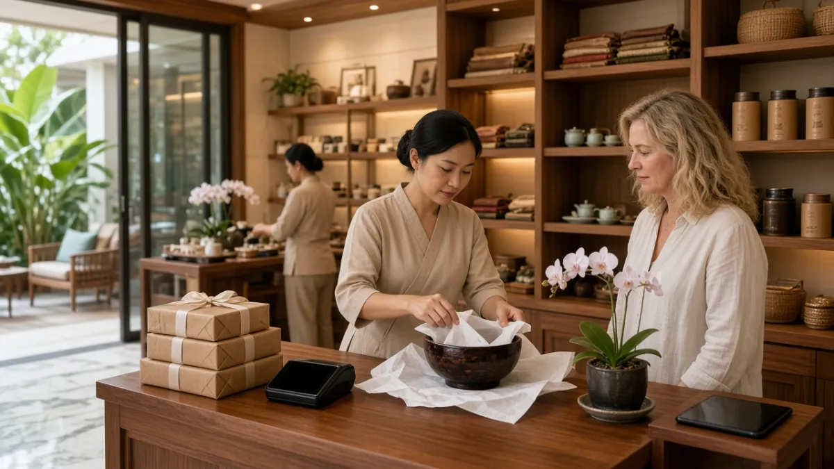 Nhân viên cửa hàng lưu niệm resort Đà Nẵng phục vụ khách tại quầy thanh toán, đồng bộ trải nghiệm cao cấp với khách sạn.