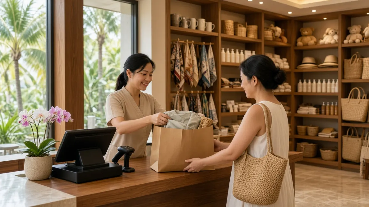 Nhân viên cửa hàng quà tặng khách sạn resort gói hàng tại quầy POS, kệ lưu niệm, mỹ phẩm và thú bông.