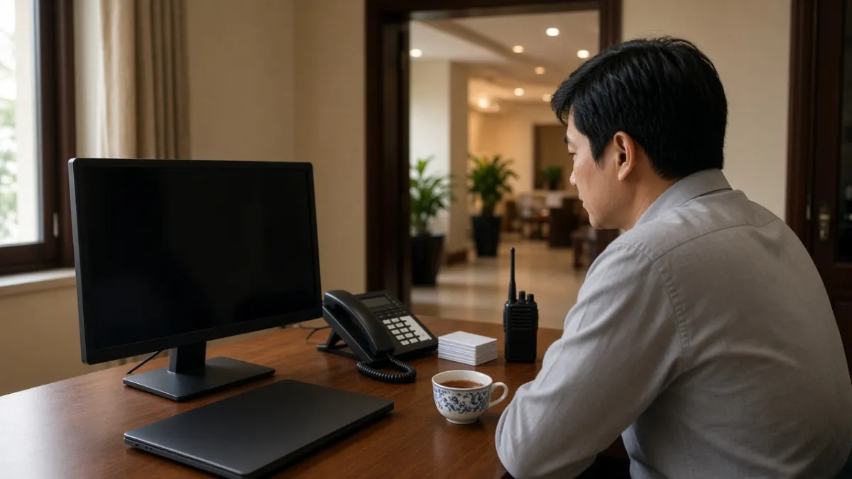 Nhân viên khách sạn làm việc tại bàn điều hành với máy tính, điện thoại và bộ đàm, minh họa hệ thống quản lý tích hợp.