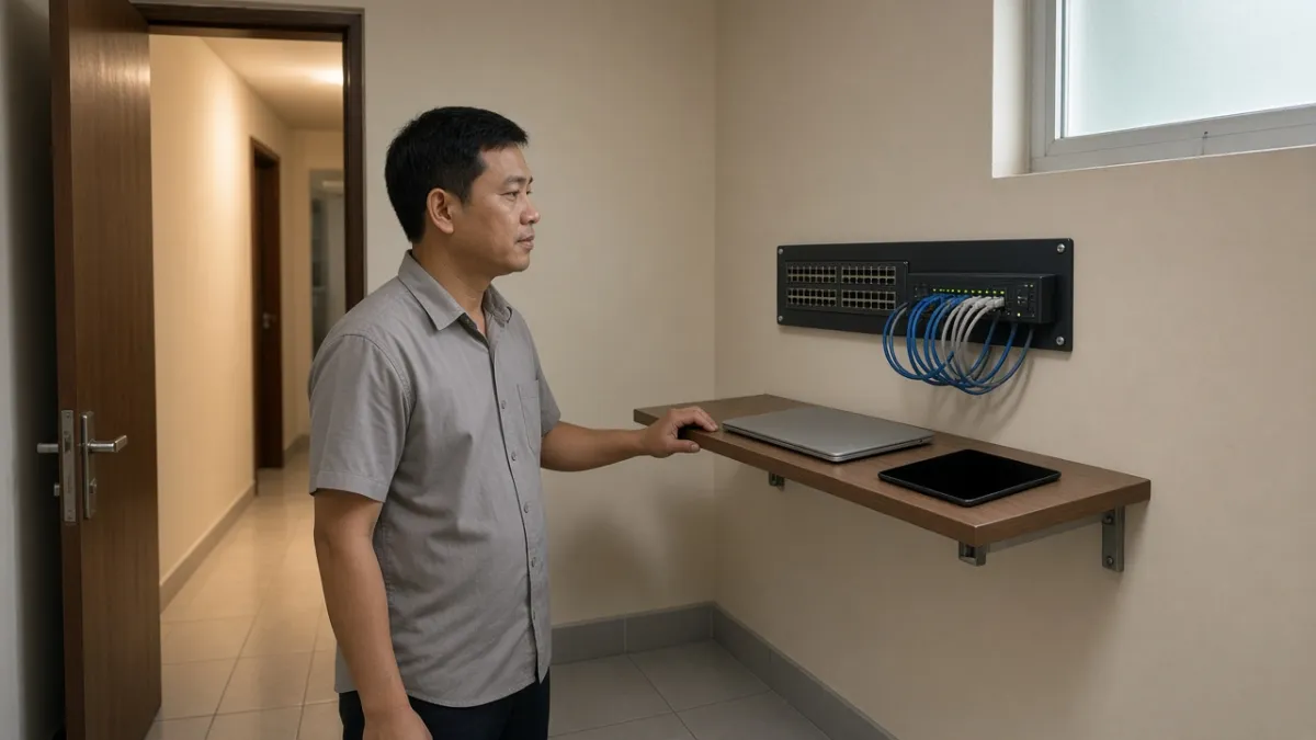 Nhân viên vận hành khách sạn kiểm tra góc mạng gọn nhẹ, không máy chủ cục bộ — triển khai PMS đám mây.