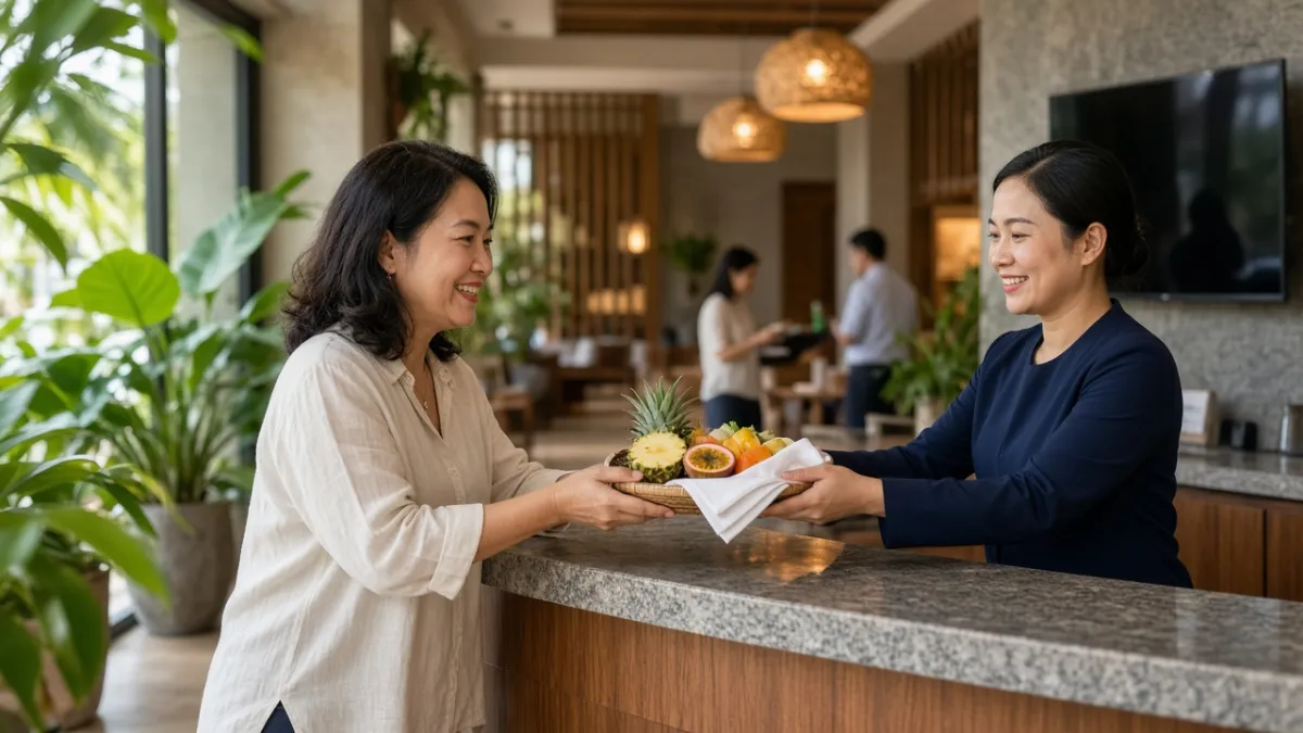 Lễ tân khách sạn Đà Nẵng chào đón khách quen trở lại với quà chào mừng cá nhân hóa tại quầy lễ tân.