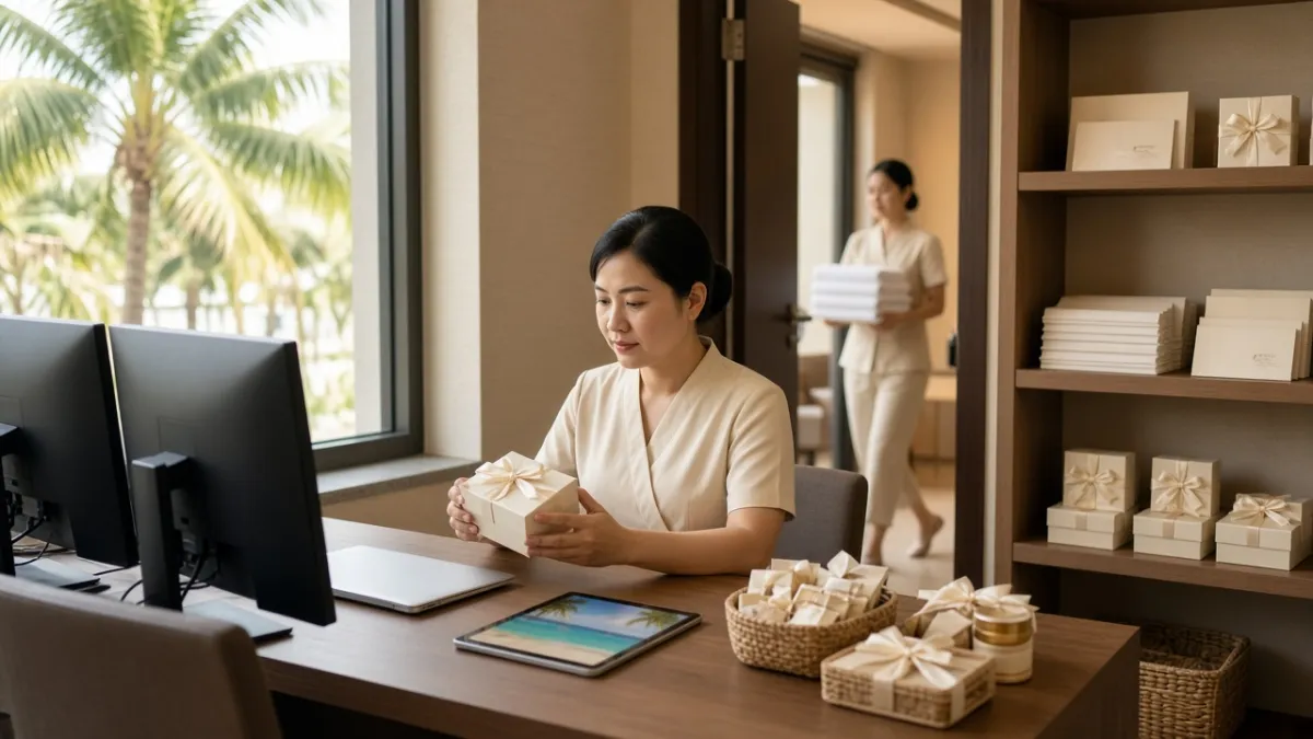 Nhân viên quan hệ khách hàng khách sạn Việt Nam sắp xếp quà thành viên thân thiết tại bàn làm việc có máy tính.
