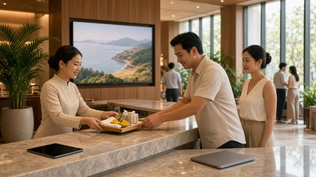 Lễ tân khách sạn tặng quà chào mừng cho khách, minh họa quyền lợi loyalty đơn giản và thiết thực.