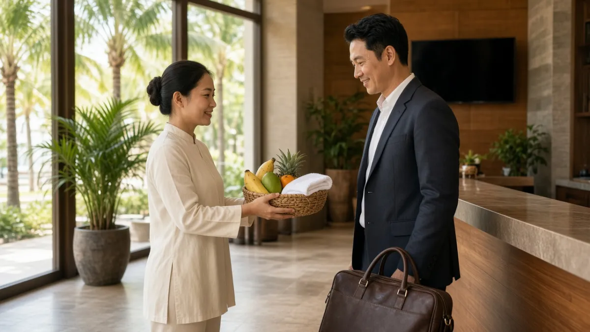 Nhân viên khách sạn chào đón khách quen bằng giỏ quà chào mừng tại sảnh hiện đại, thể hiện chương trình khách hàng thân thiết.