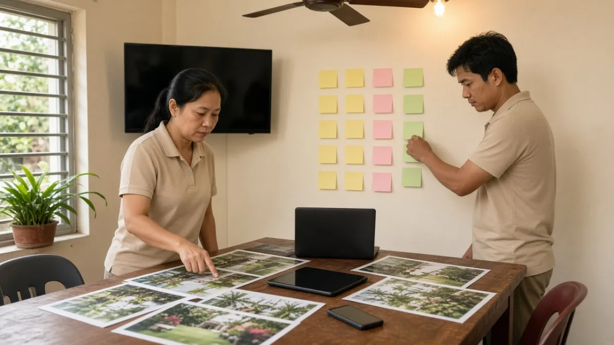 Nhân viên khách sạn bàn bạc bên ảnh thương hiệu và giấy note trống để lên kế hoạch triển khai marketing.