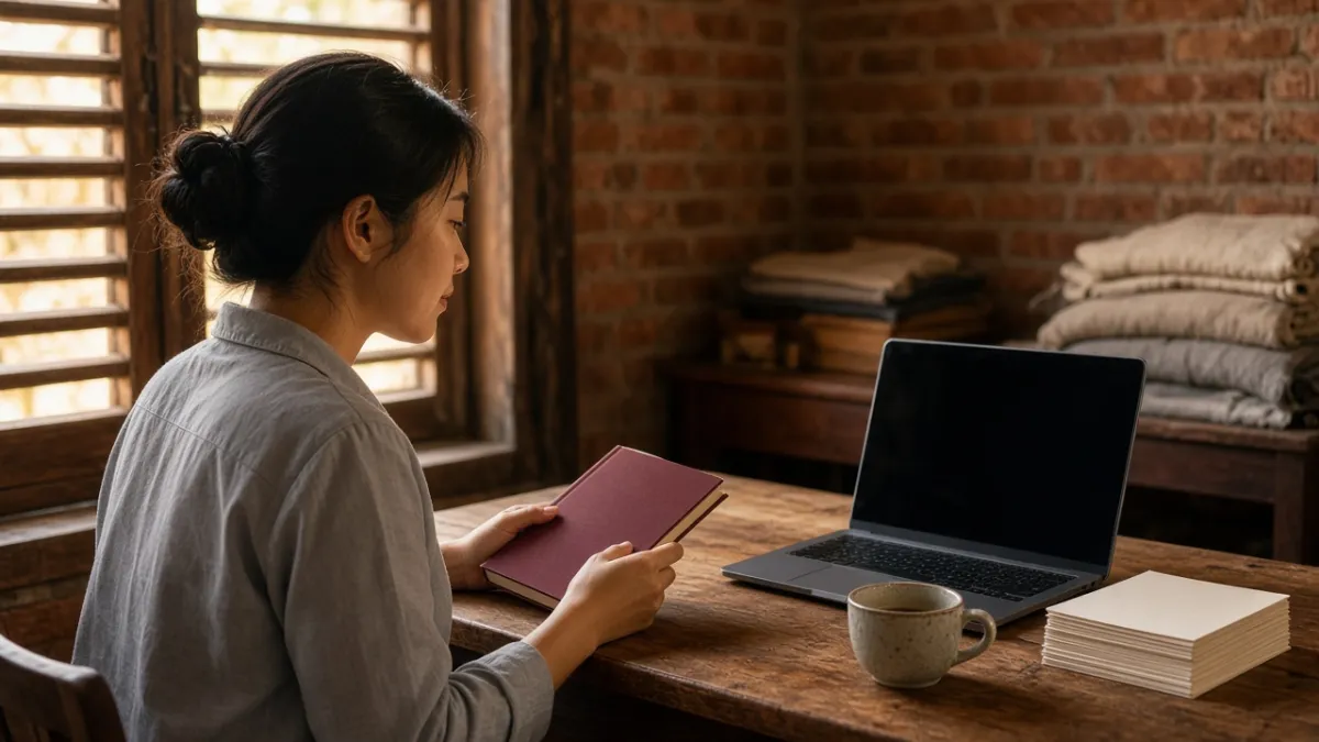 Nhân viên marketing khách sạn nhỏ cầm sách bìa trơn trên bàn gỗ, laptop tắt màn hình bên cạnh.
