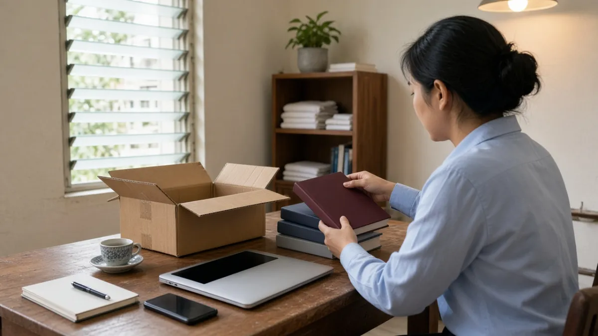 Nhân viên khách sạn mở hộp và xếp sách marketing mới trên bàn làm việc, chuẩn bị tài liệu học chiến lược.
