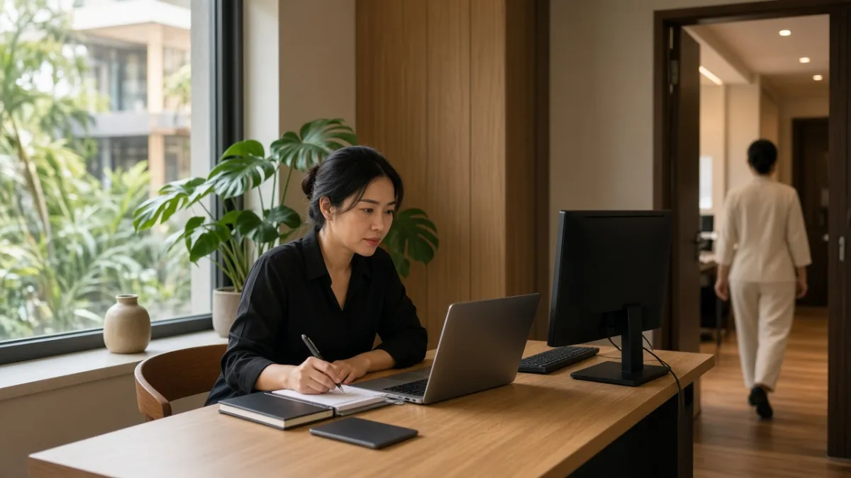 Nhân viên marketing khách sạn tại Đà Nẵng lên kế hoạch email tự động và phân khúc khách trong văn phòng nội bộ.